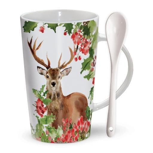 Winter Berries Stag Hot Chocolate Mug and Spoon Set