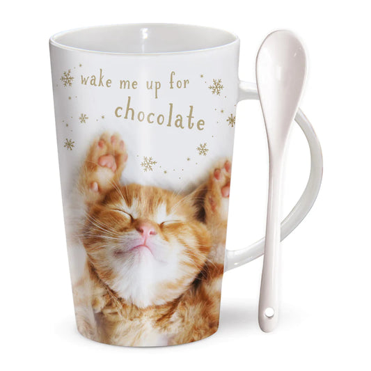 Wake Me Up Cat Hot Chocolate Mug and Spoon Set