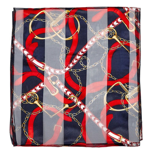 Satin Stripe English Motif Scarf - Navy