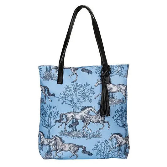 "Lila" Blue Toile Tote Bag with Tassel