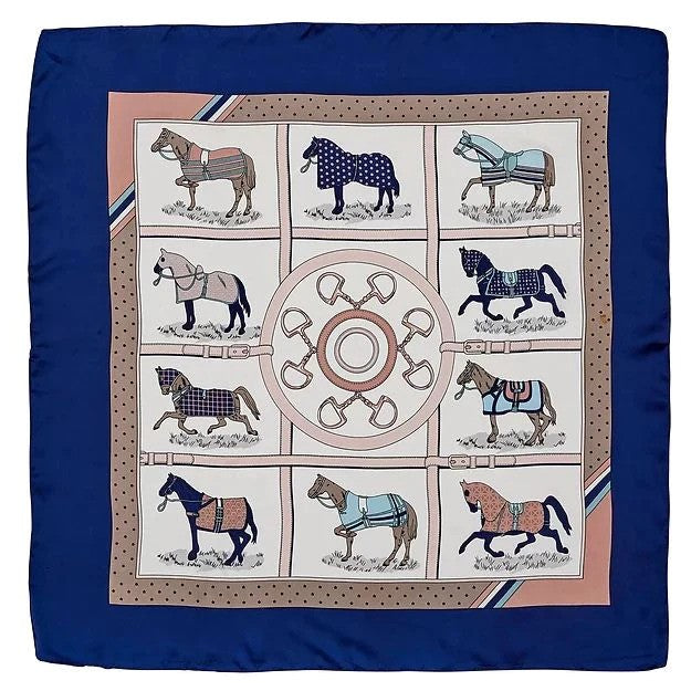 Satin Scarf Horses in Blankets 28"x28" Navy