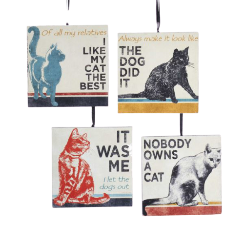 Wooden Cat Sign Ornaments - Set of 4