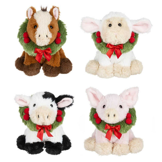 Plush Xmas Farm Animals w/Wreaths - set of 4 assorted