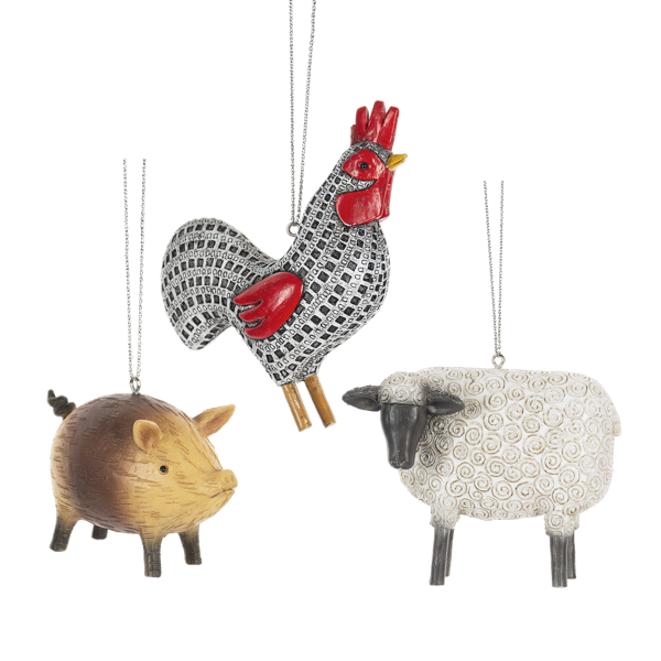 Sheep, Rooster & Pig Ornaments - Set of 3