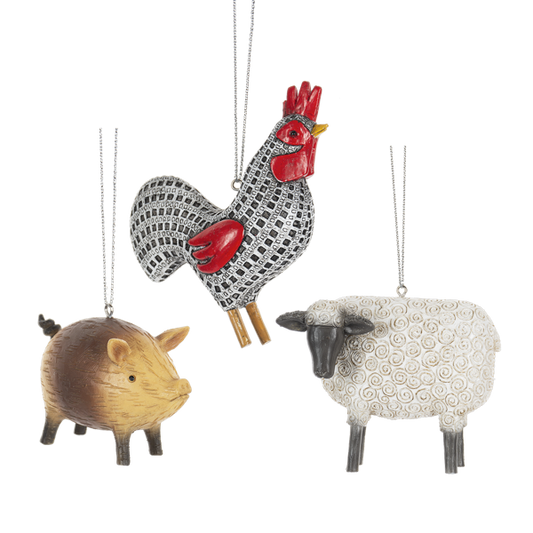 Sheep, Rooster & Pig Ornaments - Set of 3