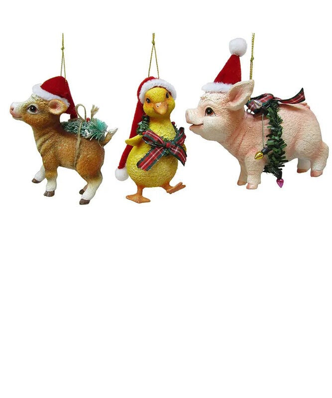 Farm Animals in Santa Hats Ornaments - Set of 3