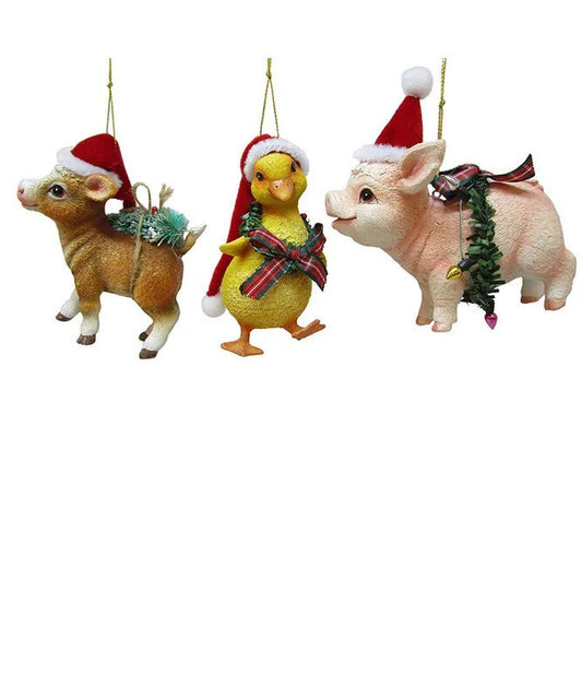 Farm Animals in Santa Hats Ornaments - Set of 3