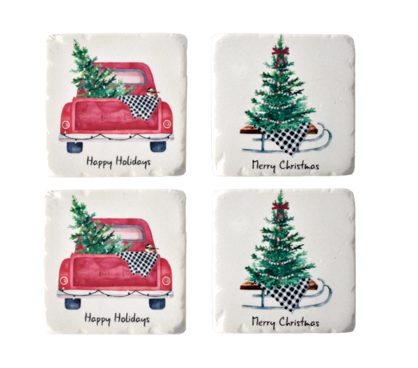 Tree & Truck with Holiday Text Coasters - Set of 4