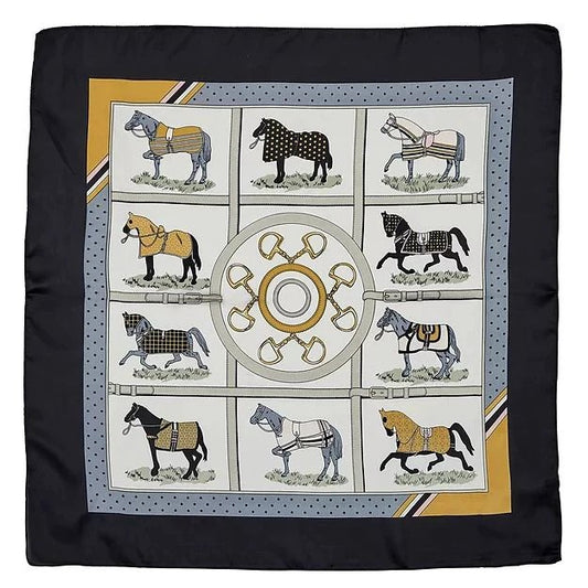 Satin Scarf Horses in Blankets 28"x28" Black