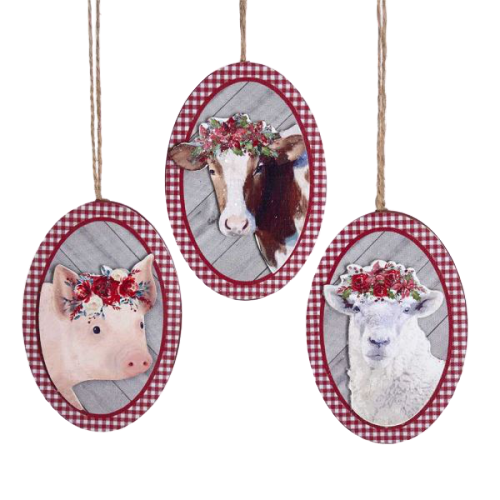 Wooden Oval Farm Animals Ornaments - Set of 3