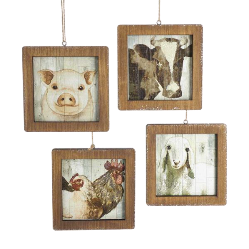 Wooden Frame Farm Animal Ornaments - Set of 4