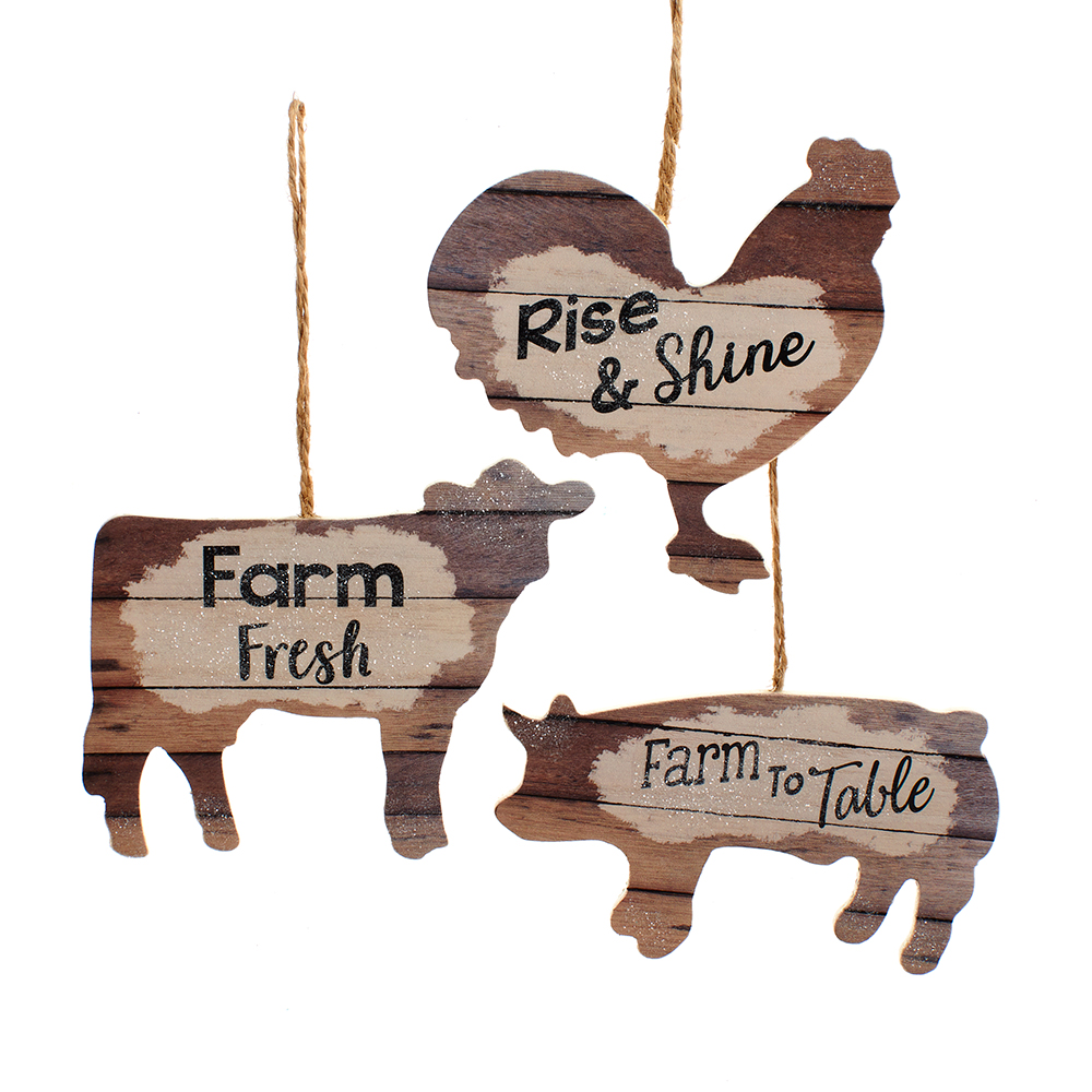 KA Wooden Plank Farm Animal Ornaments - Set of 3