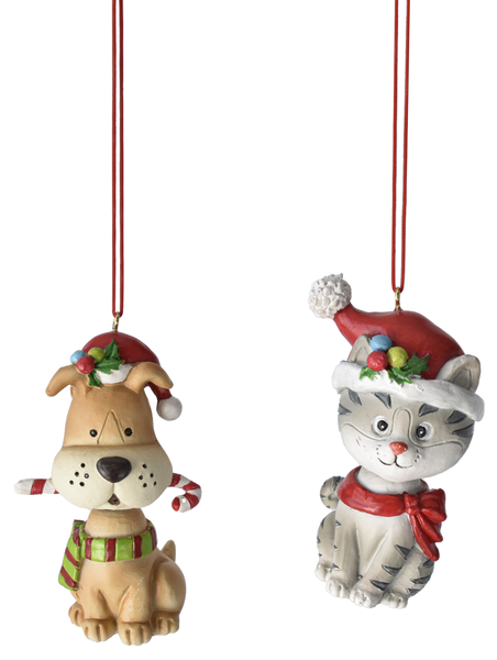 Dog and Cat w/Santa Hat Ornaments - Set of 2