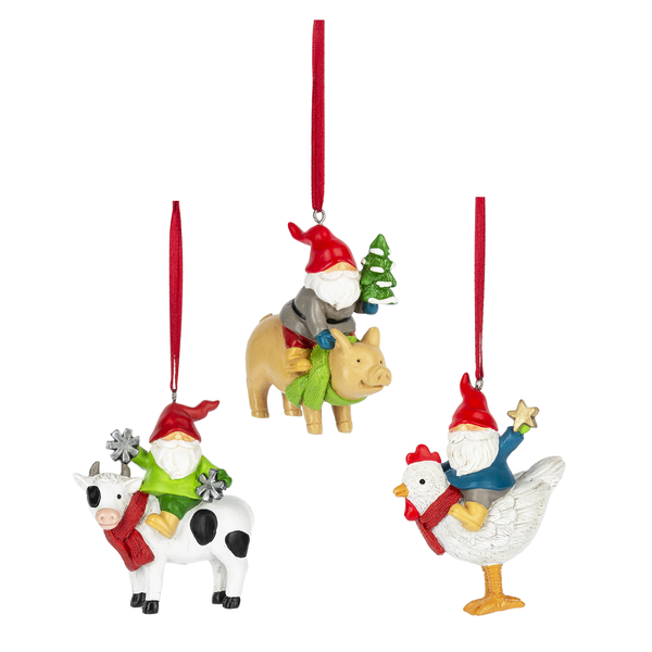 Gnome w/Farm Animals Ornaments - Set 0f 3