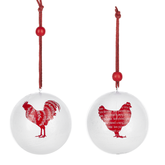 Rooster and Chicken Ball Ornaments - Set of 2