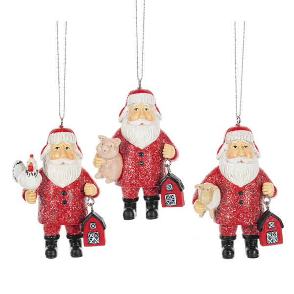 Santa w/Farm Animal Ornaments - Set of 3