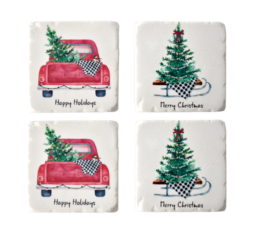 Tree & Truck with Holiday Text Coasters - Set of 4